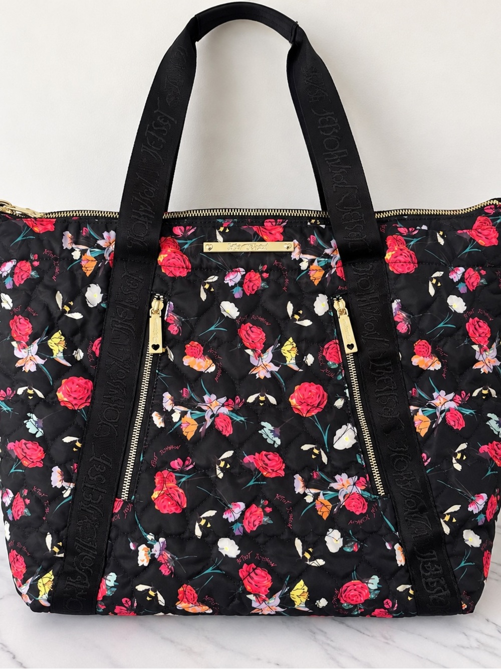 Betsey Johnson Black Floral Quilted Tote Bag NWOT